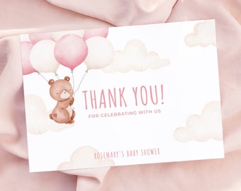 TEDDY | Pink Bear Thank You Card Template Baby Shower Bear With Balloon Thank You Card Folded Editable Printable Template