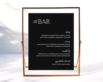 MIDNIGHT | Minimalist Wedding Bar Menu Sign Template DIY Download Simple Modern Black Drinks and Cocktails Menu Editable Printable Template