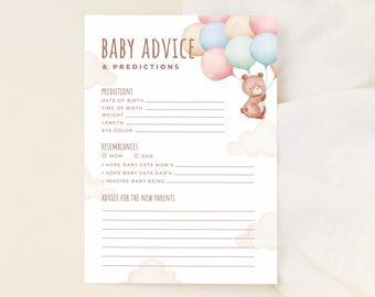 TEDDY | Bear Advice and Predictions Baby Shower Game Editable Template Bear With Balloon Baby Predictions Card Printable Activity
