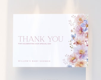 May include: Thank you card with a watercolor floral design in shades of pink, blue, and peach. The card says "Thank You" for celebrating our special day, Willow's Baby Shower, and Lo Behold.