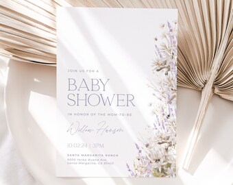 Floral Baby Shower Invitation Template, Printable Lavender Baby Shower Invite, Purple Floral Invite Editable Instant Download | LAVENDER