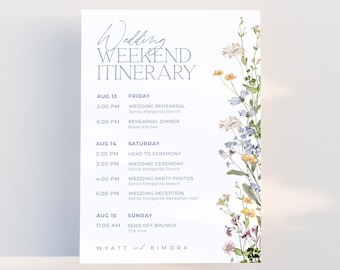 Wedding Itinerary Template, Wildflower Minimalist Wedding Weekend Timeline, Schedule of Events Card Editable Printable Download 5x7 | MELODY
