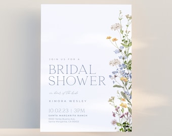 Floral Bridal Shower Invitation Template, Minimalistic Wildflower Wedding Editable Template, Blue Floral Invite Printable Download | MELODY