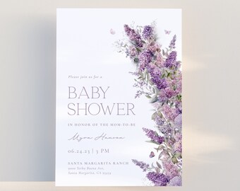 May include: A purple and white floral baby shower invitation with the text "Please join us for a Baby Shower in honor of the mom-to-be Myra Hanson 06.24.23 3 PM Santa Margarita Ranch 9000 Yerba Buena Ave, Santa Margarita, CA 93454"
