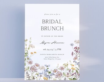 May include: A white invitation card with a floral border. The text reads "Please join us for a Bridal Brunch in honor of the bride Myra Hanson 06.24.23 | 3 PM Santa Margarita Ranch 9000 Yerba Buena Ave, Santa Margarita, CA 93454"