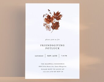 Minimalist Friendsgiving Invitation Template, Autumn Fall Floral Thanksgiving Dinner Invite, Editable Printable Template Download | RUSTIC