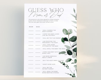 CYPRESS | Mommy or Daddy Baby Shower Game Template Download Minimalist Greenery Baby Shower Guess Who Said It Game Editable Printable