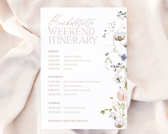 ENCHANTED | Bachelorette Weekend Itinerary Template Editable DIY Instant Download Minimal Floral Bridal Party Weekend Timeline Printable