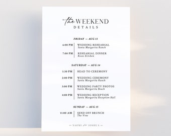 Wedding Itinerary Template Download Modern Minimalist Wedding Weekend Timeline Schedule of Events Card Editable Printable Template | WI-A