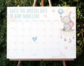 DREAM | Elephant Baby Due Date Calendar Sign Baby Shower Template Download Elephant Guess The Birthday Game Editable Printable Template