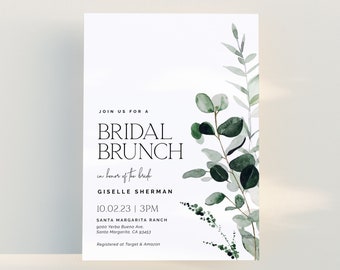 Może przedstawiać: Biała karta z zaproszeniem z zielonym akwarelowym listowiem po prawej stronie. Tekst brzmi "Join us for a Bridal Brunch in honor of the bride, Giselle Sherman, 10.02.23 | 15:00, Santa Margarita Ranch, 9000 Yerba Buena Ave, Santa Margarita, CA 93453, Zarejestrowane w Target & Amazon".
