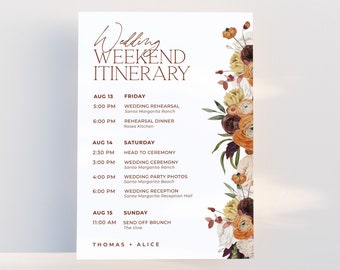 MERLOT | Wedding Itinerary Template Elegant Autumn Wedding Weekend Timeline Fall Floral Schedule of Events Card Editable Printable Template