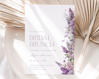 May include: A purple and white floral bridal brunch invitation with the text "Please join us for a Bridal Brunch in honor of the mom-to-be Myra Hanson 06.24.23 | 3 PM Santa Margarita Ranch 9000 Yerba Buena Ave. Santa Margarita, CA 93454"