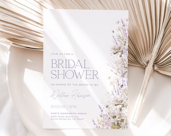 May include: A white bridal shower invitation with purple text. The invitation reads "Join us for a Bridal Shower in honour of the bride-to-be Willow Harson 10.02.24 | 3PM Santa Margarita Ranch 9000 Yerba Buena Ave, Santa Margarita, CA 93453". The invitation is decorated with a watercolour illustration of white flowers and purple lavender.