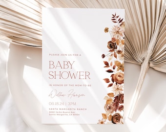 Fall Floral Baby Shower Invitation Template, Minimalist Autumn Baby Shower Invite Template, Printable Boho Floral Baby Shower Invite | FALL