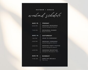 MIDNIGHT | Wedding Itinerary Template Download Black Modern Minimalist Wedding Weekend Timeline Schedule of Events Card Editable Printable