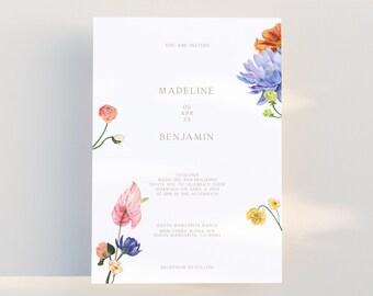 May include: A wedding invitation with floral illustrations. The invitation is for Madeline and Benjamin, and the wedding is on April 5th, 2023 at 2:00 PM. The wedding will be held at Santa Margarita Ranch in Santa Margarita, California.