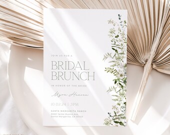 Może przedstawiać: Biała karta z zaproszeniem z zieloną kwiatową ramką. Tekst brzmi "Join us for a Bridal Brunch in honor of the bride, Myza Hanson, 10.02.24 | 15:00, Santa Margarita Ranch, 9000 Yerba Buena Ave., Santa Margarita, CA 93453."