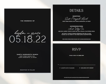 MIDNIGHT | Minimalist Black Wedding Invitation Suite Template Download Modern Wedding Invite Editable Printable Details RSVP Card Template