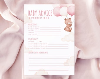 TEDDY | Pink Bear Advice and Predictions Baby Shower Game Editable Template Bear With Balloon Baby Predictions Card Printable Activity