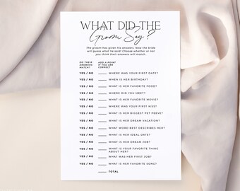 ALTAR | What Did The Groom Say Bridal Shower Game Editable Template Minimalist Modern What Did He Say About His Bride Printable Activity