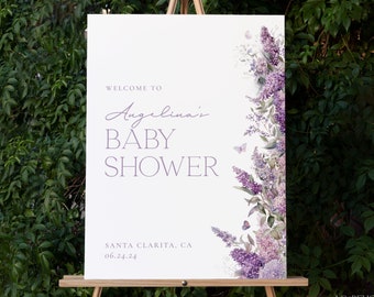 Wisteria Baby Shower Welcome Sign, Purple Floral Welcome Poster Template, Printable Baby Shower Welcome, Editable 18x24, 24x36 Sign | ROYAL