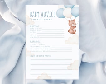 TEDDY | Blue Bear Advice and Predictions Baby Shower Game Editable Template Bear With Balloon Baby Predictions Card Printable Activity