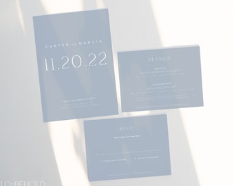 GRACE | Wedding Invitation Suite Dusty Blue Elegant Minimal Editable Template Set Instant Download Simple Modern Wedding Details & RSVP Card