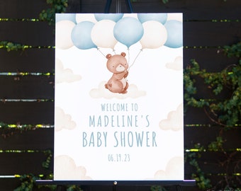 TEDDY | Blue Bear Baby Shower Welcome Sign Template Teddy Bear Baby Shower Welcome Poster Editable Printable Template Bear With Balloon Sign