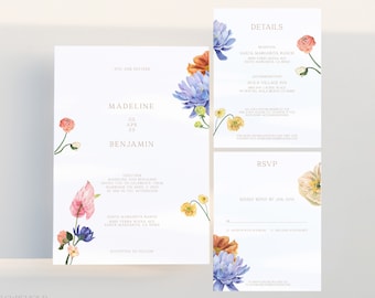 FLEUR | Minimalist Floral Wedding Invitation Suite Template Set Elegant Floral Wedding Invite Details & RSVP Card Printable Bundle Editable