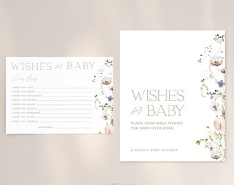Può includere: Una carta di gioco per baby shower stampabile con un design floreale. La carta ha il testo "Auguri per il bambino" e include uno spazio per gli ospiti per scrivere i loro auguri per il nuovo bambino.