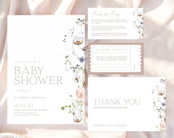 ENCHANTED | Baby Shower Invitation Template Set Minimalist Pink Floral Baby Shower Invite Bundle Package Printable Editable Template Set