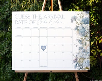 Blue Floral Baby Due Date Calendar Template, Hydrangea Baby Shower Editable Template Download Guess The Birthday Game Printable Sign | SKY