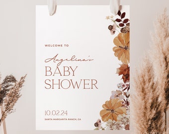 Autumn Baby Shower Welcome Sign, Minimalist Fall Welcome Poster Template, Printable Baby Shower Welcome, Editable 18x24, 24x36 Sign | MAPLE