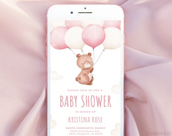 TEDDY | Pink Bear Baby Shower Digital Invitation Evite Template Bear With Balloon Baby Shower Electronic Invite Text Evite Editable Template