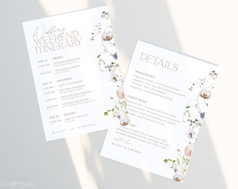 ENCHANTED |  Wedding Itinerary Template Editable Instant Download Minimal Floral Wedding Weekend Timeline Schedule of Events Printable Card