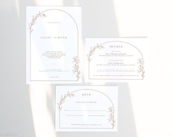 BRANCH | Minimalist Wedding Invitation Suite Editable Template Set Elegant Leaves Rust Wedding Invite Details & RSVP Card Printable Bundle