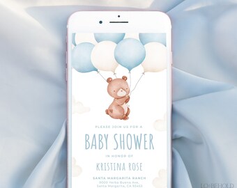 TEDDY | Blue Bear Baby Shower Digital Invitation Evite Template Bear With Balloon Baby Shower Electronic Invite Text Evite Editable Template