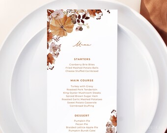 Autumn Wedding Menu Template Download, Fall Floral Thanksgiving Dinner Menu Card, Editable Printable Template, Fall Pumpkin Dinner | HARVEST