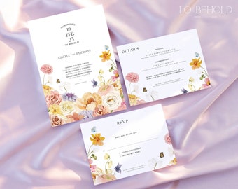 BLOOM | Spring Floral Wedding Invitation Suite Editable Template Set DIY Instant Download Blush Pink Coral Flower Invite Details & RSVP Card