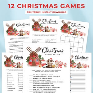 May include: A set of 12 printable Christmas games, featuring trivia, bingo, and scavenger hunt formats. The designs include illustrations of a windmill, festive animals, and holiday decorations. The game titles are displayed, such as "Christmas Trivia" and "Christmas Carol Trivia".