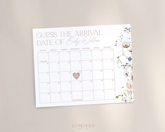 ENCHANTED | Minimal Baby Due Date Calendar Sign Baby Shower Editable Template Instant Download Floral Guess The Birthday Game Printable