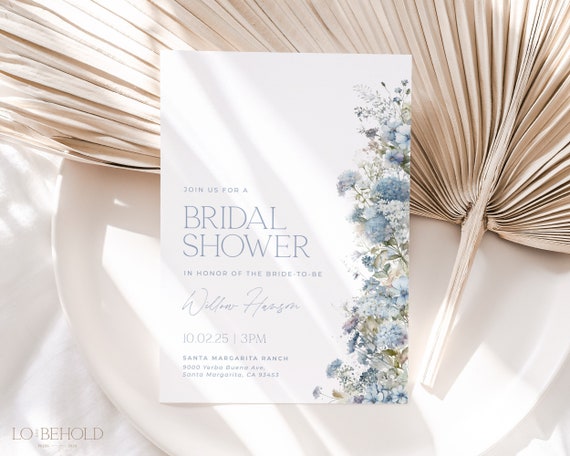 Blue Floral Bridal Shower Invitation Template, Printable Minimalist Floral Bridal Invite, Hydrangea Invite Editable Template Download | SKY