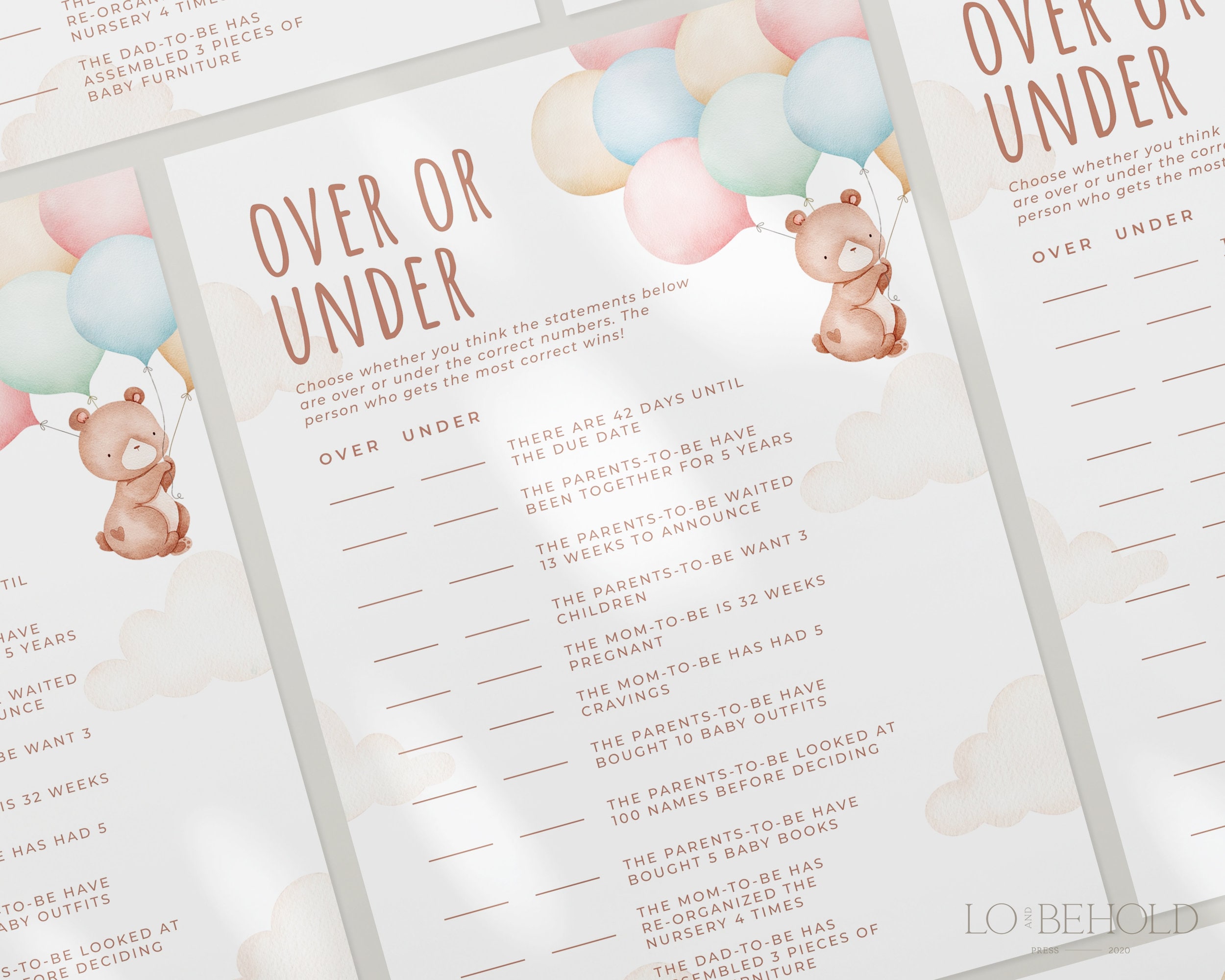 TEDDY | Over or Under Baby Shower Game Editable Template Download Bear ...