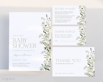 Greenery Baby Shower Invitation Set Template, Minimalist Greenery Baby Shower Invite Bundle Package, Printable Editable Template Set | SAGE