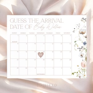 May include: A printable baby shower game with a floral design. The game is called "Guess the Arrival Date of Baby Willow" and features a calendar with a heart marking the due date.