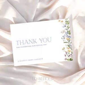Wildflower Baby Shower Thank You Card Template, Blue Floral Printable ...