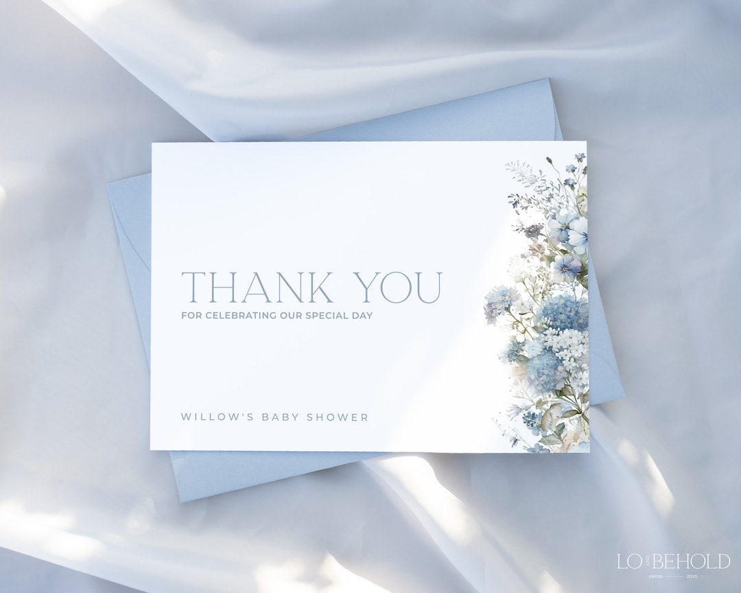 Blue Floral Baby Shower Thank You Card Template, Minimalist Blue Floral ...