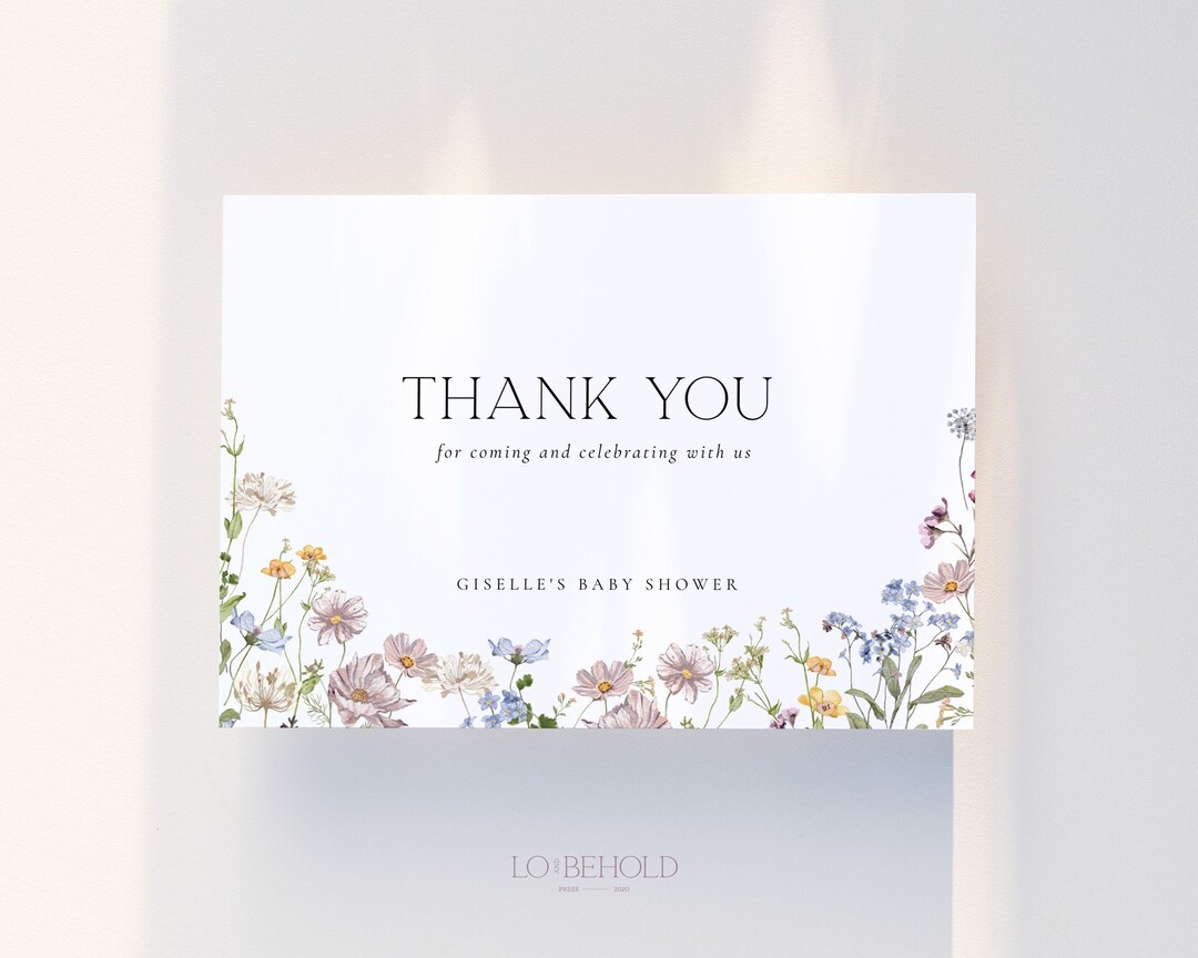 Wildflower Baby Shower Thank You Card Template, Elegant Floral ...