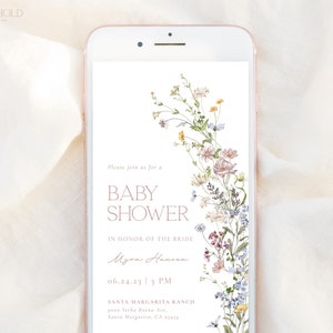 May include: A digital invitation for a baby shower with a floral design. The invitation reads "Please join us for a Baby Shower in honor of the bride Myra Hanson, 06.24.23 | 3 PM, Santa Margarita Ranch, 9000 Yerba Buena Ave., Santa Margarita, CA 93434."